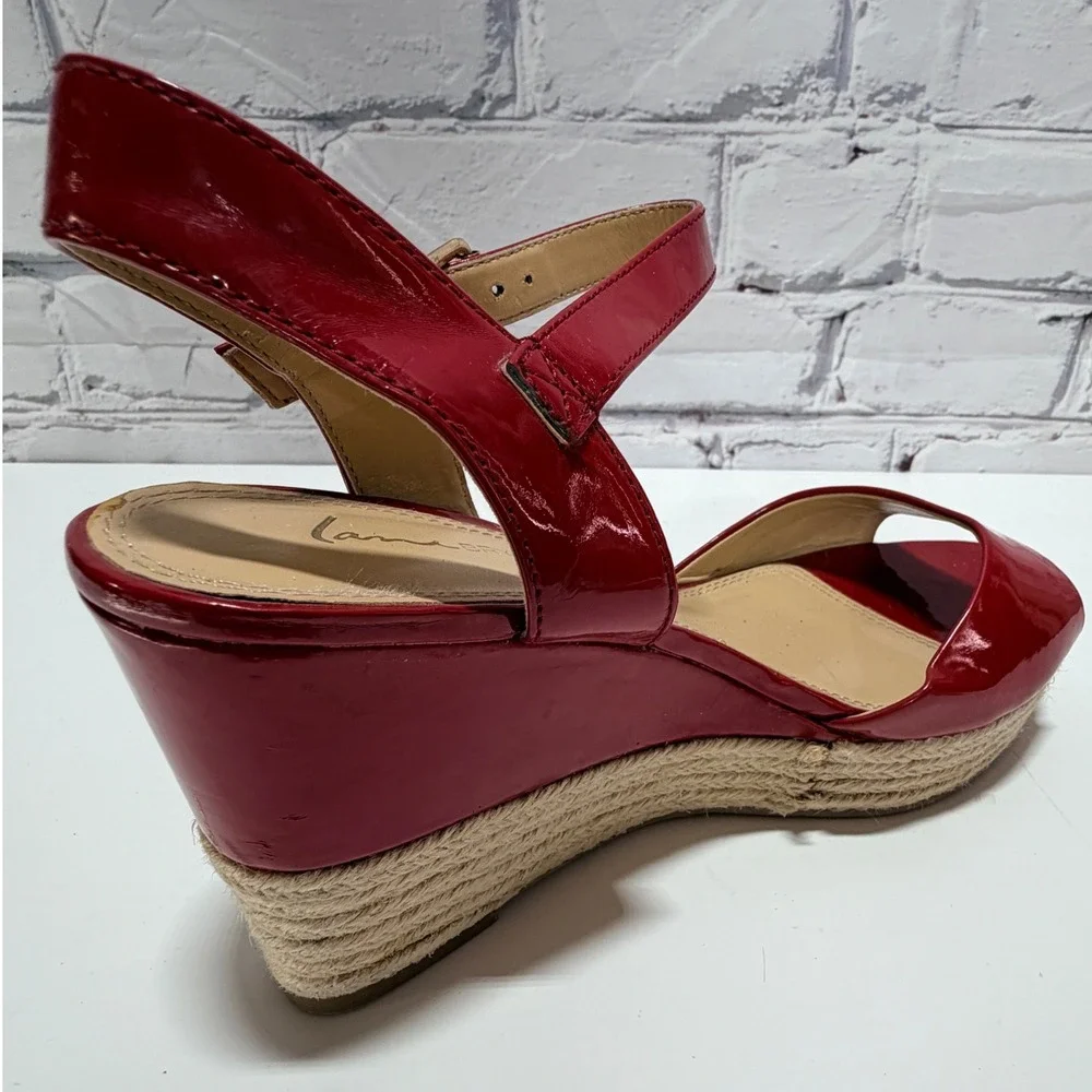 Lane Bryant Red Faux Patent Espadrille Wedge Sandals 9W‎ Ankle Strap Peep Toe